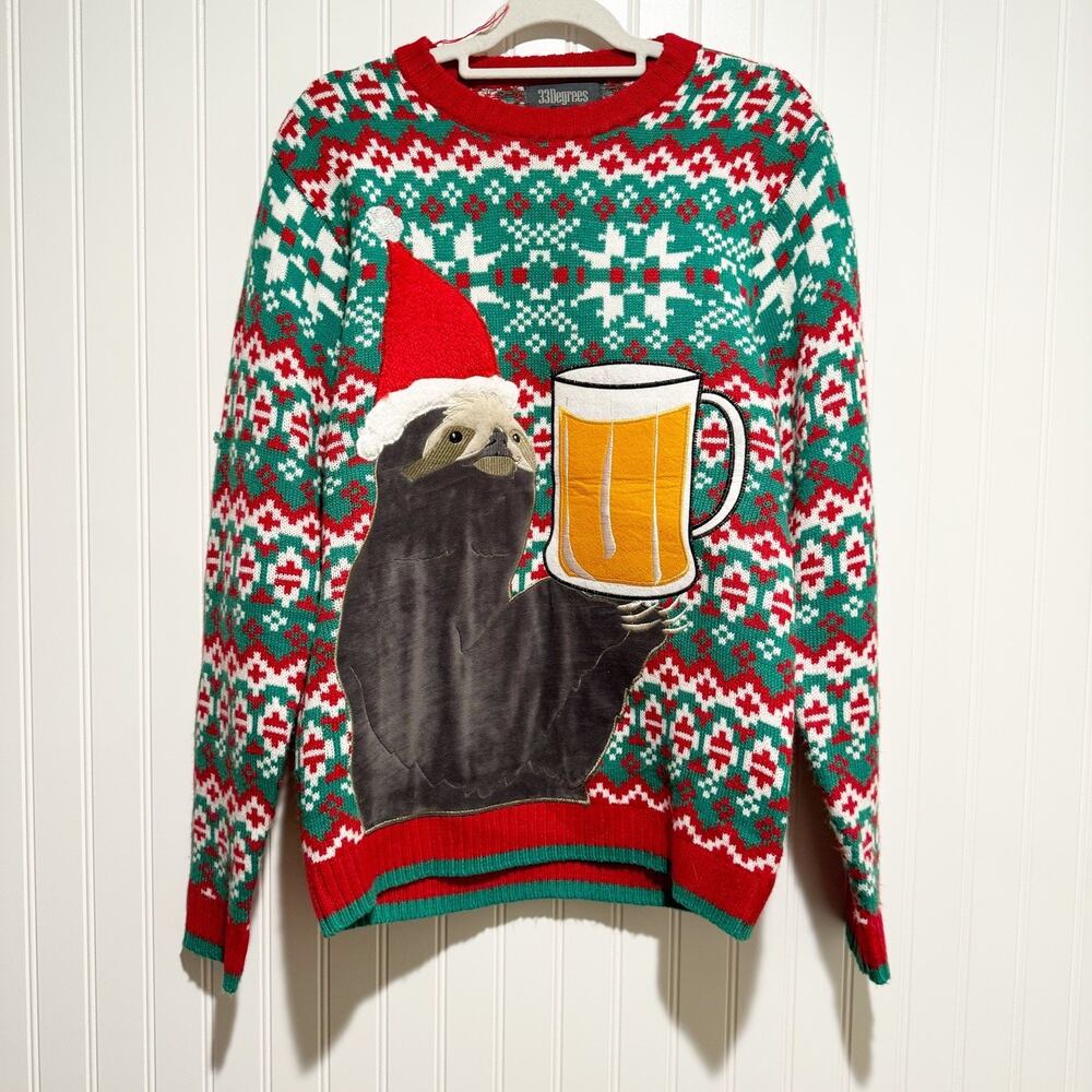 33 Degrees Sloth Christmas Sweater Mens Small Ugly Christmas Sweater